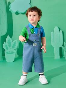 2 Piezas Vestido De Diario Primavera/verano Para Bebé Niño Que Incluye Camisa De Manga Corta Con Bloques De Color Minimalista Y Overoles De Mezclilla - Multicolor - Ver 5