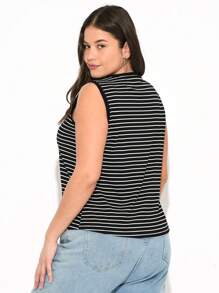 SHEIN BASICS Women's Plus Size Knitted Striped Round Neck Camisole Tank Top And Tank Top - Black and White - View 2