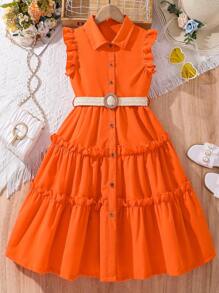 Tween Girl's Turn-Down Collar Mid-Length Dress With Woven Waist Belt Summer Holiday - Orange - View 4