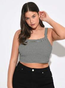SHEIN BASICS 大尺碼2入組夏季休閒修身無袖針織條紋背心 - 黑與白 - 查看 4