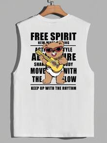 Manfinity EMRG 男士夏季運動休閒背心,印有卡通熊和字母印花 - 白色 - 查看 1