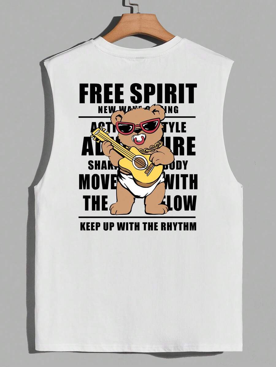 Manfinity EMRG 男士夏季運動休閒背心,印有卡通熊和字母印花 - 白色 - 查看 1