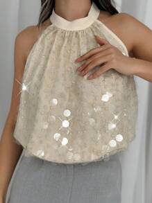 SHEIN Privé Sleeveless Shirt With Sparkling Embroidery Detail And Pleated Design - Apricot - View 3