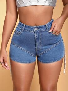 SHEIN BAE 女性流行夏季牛仔短褲,帶有亮片和流蘇設計