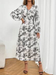Modelyn Spring Casual V-Neck Lantern Sleeve Floral Print Dress - Grey - View 3