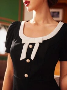 SHEIN DECDS Nữ Cổ điển Màu sắc Thanh lịch Khối Cổ tròn Nơ Bong bóng Tay áo Trang phục thường ngày cho ngày lễ của mẹ Váy phụ nữ mùa hè Váy mùa hè Sundress Concert Outfits Sundress Trang phục mùa hè ngắn Trang phục màu đen Trang phục ngày của mẹ Trang phục tốt nghiệp Trang phục cưới Trang phục cưới Bữa sáng muộn màu đen Váy đen trắng một mảnh - Đen và trắng - Xem 3
