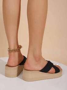 Women's Thick Sole Criss-Cross Strap Wedge Sandals, Beige & Black Beach Travel Open Toe Slippers