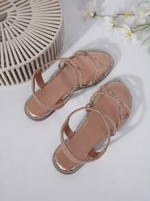 Nowości Damski Płaskie sandały Z Elastyczna taśma I Szklane kamienie ozdobne , Prosty I Modny - Szampan - Zobacz 5