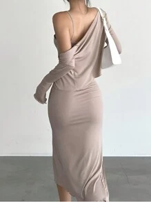 INAWLY Women's Solid Color High Side Slit Cami Dress With Cardigan 2pcs Outfit Fall Cloth For Women - Khaki - View 2
