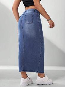 Spring/Summer Casual Water Wash Denim Skirt With Slanted Pocket And Side Slit - Dark Wash - View 2
