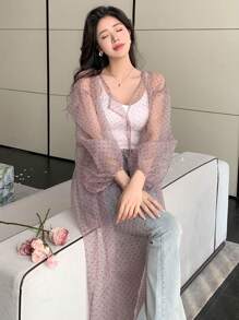 DAZY 女士时尚长款和服外套，采用透明网眼设计，夏季 - 彩色 - 查看 2