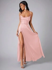 SHEIN Belle Draped Collar Wrap Cami Formal Dress - Pink - View 3