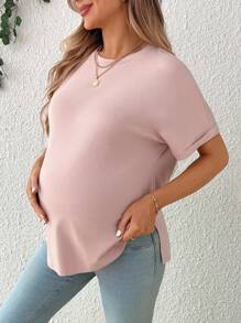 SHEIN Maternity Summer Side Split Young Casual Loose Round Neck Knit T-Shirt - Pink - View 4