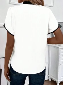 SHEIN Clasi Women Summer Color Block Ribbon Collar Petal Short Sleeve Loose Casual Shirt