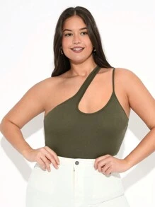 SHEIN BASICS 大码女式时尚纯色不对称无袖针织紧身连衣裤 - 墨綠色 - 查看 1