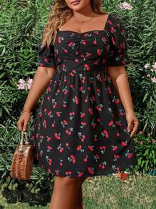 Flirla Plus Size Boho Summer Holiday Cherry Print Dress With Sweetheart Neckline - Multicolor - View 2