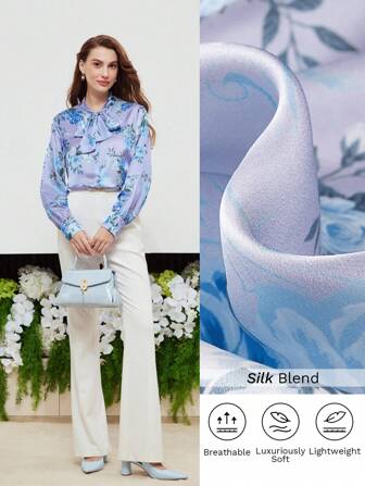 MOTF PREMIUM SILK FLORAL PRINT TIE NECK BLOUSE
