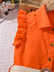 Tween Girl's Turn-Down Collar Mid-Length Dress With Woven Waist Belt Summer Holiday - Orange - View 9