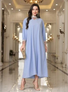 Al Najma Women's Solid Color Collar & Sleeve Decor Elegant Turkish Style Long Modest Kaftan - Dusty Blue - View 3