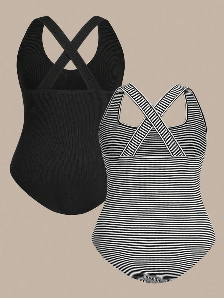 Women's Striped Knit U-Neck/Square-Neck Plus Size Bodycon Bodysuits, 2pcs/Set Suitable For Summer
