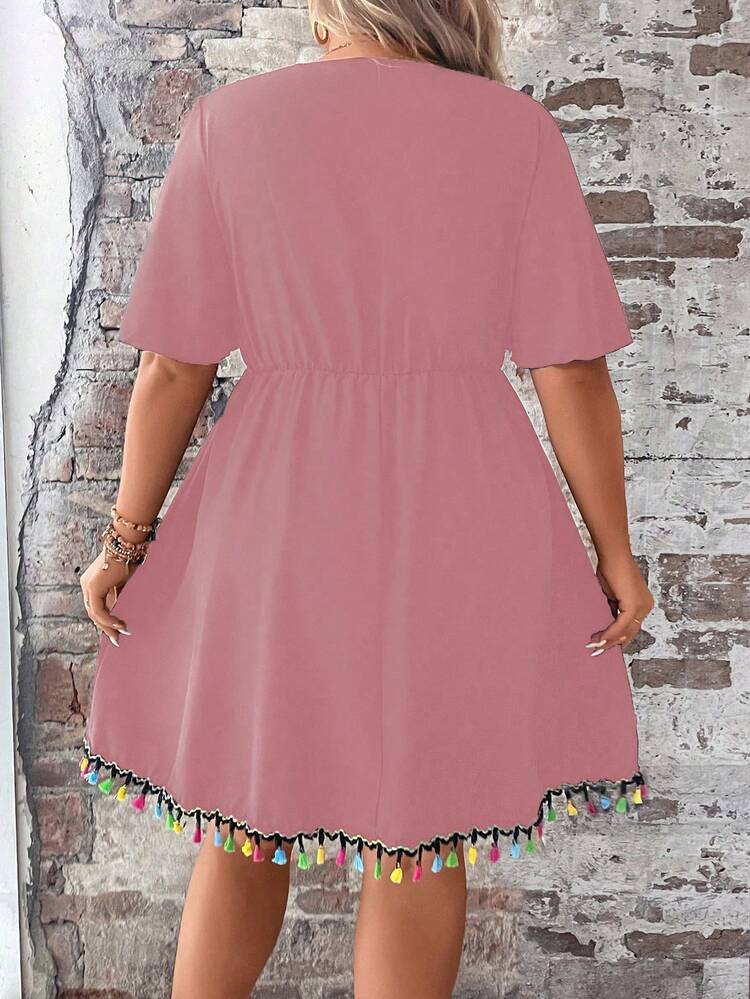 Plus Size Crochet Patchwork Fringe Decorated Waist Cinched Dress