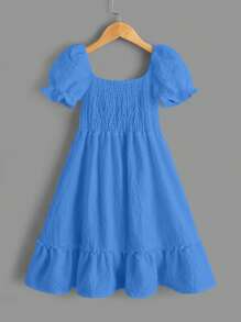 中小學女孩春夏季純色蓬蓬袖休閒裙,配有褶皺 - 藍色 - 查看 2