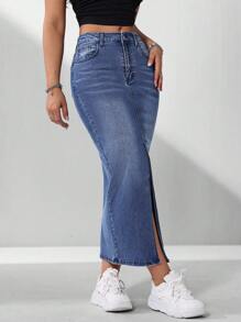 Spring/Summer Casual Water Wash Denim Skirt With Slanted Pocket And Side Slit - Dark Wash - View 3