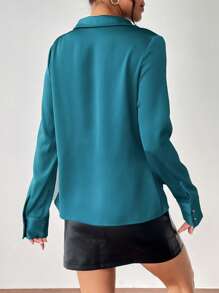 SHEIN Privé Chất rắn cổ áo xếp nếp Xa ten Áo sơ mi - Màu xanh lam - Xem 2