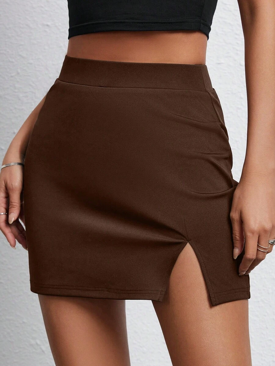SHEIN Unity Women's Fashion Solid Color Tight-Fitting Hip Package Skirt - Brown - View 1
