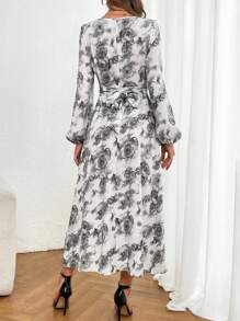 Modelyn Spring Casual V-Neck Lantern Sleeve Floral Print Dress - Grey - View 2