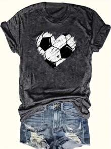 INAWLY Áo thun tay ngắn in hình trái tim và bóng đá cho nữ - Xám - Xem 1
