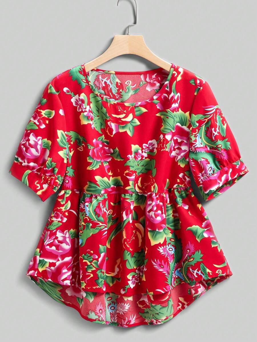 EMERY ROSE Women's Floral Print Round Neck Short Sleeve Ruffle Hem Blouse For Summer - Red - View 1