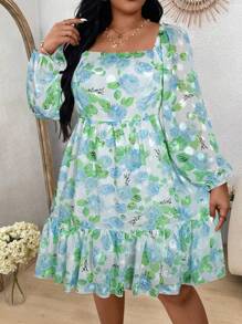 Flirla Plus Size Women's Vacation Style Floral Print Lantern Sleeve Dress With Ruffle Hem For Spring And Summer - Multicolor - View 1