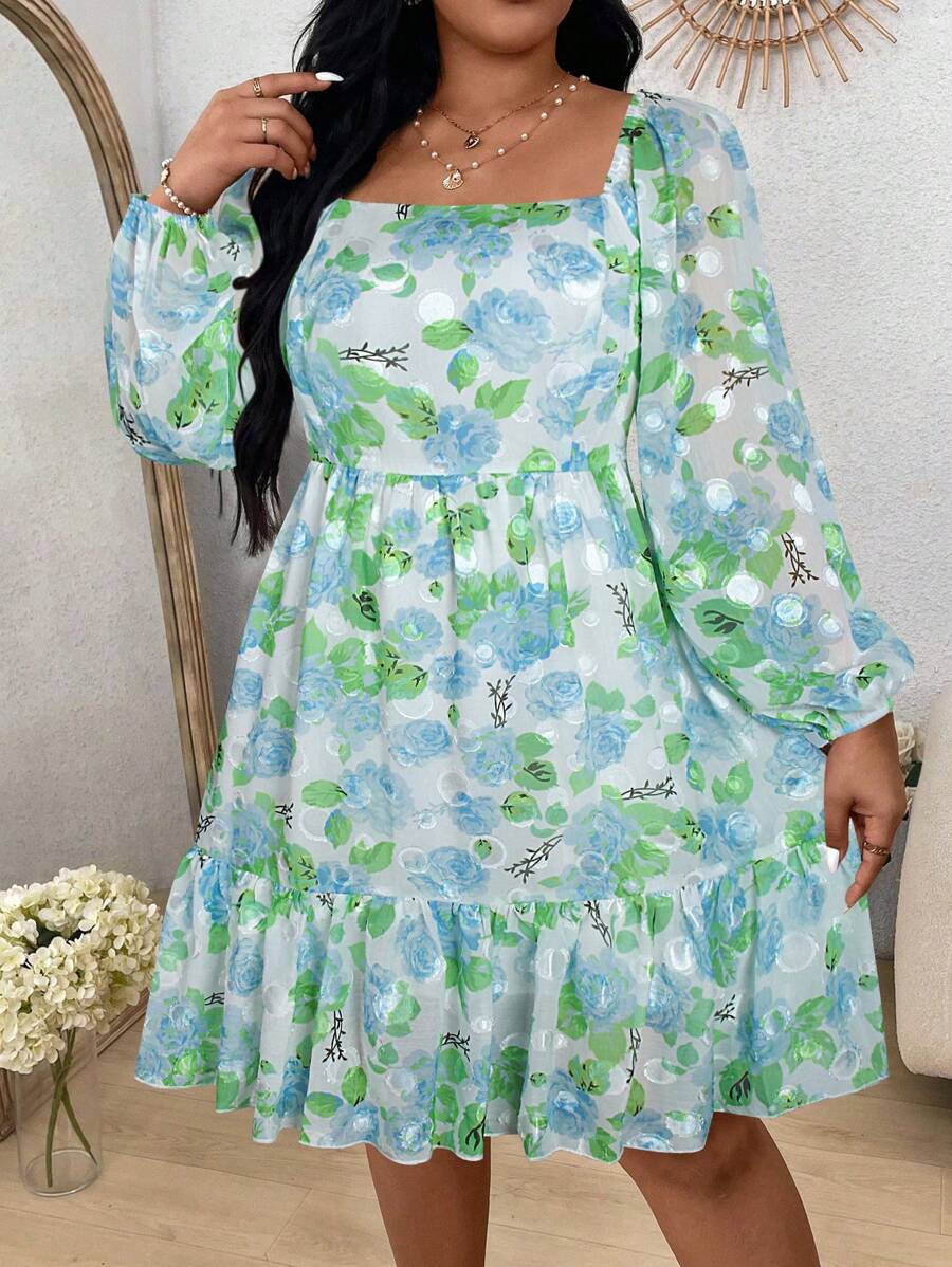 Flirla Plus Size Women's Vacation Style Floral Print Lantern Sleeve Dress With Ruffle Hem For Spring And Summer - Multicolor - View 1