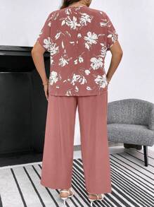 SHEIN LUNE Bộ đồ hai mảnh tay cánh dơi in hoa cỡ lớn và quần dài cho nữ mùa hè - Bụi hồng - Xem 2