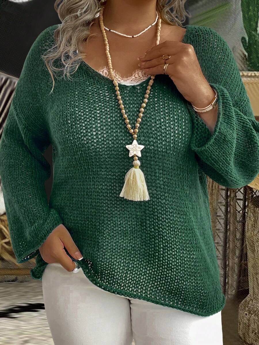 SHEIN LUNE Plus 1pc Drop Shoulder Open Knit Sweater Knit Pullover Fall Winter Autumn Sweater - Green - View 1
