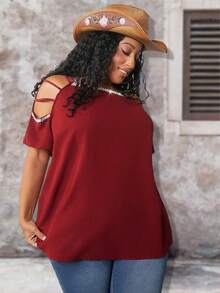 SHEIN CURVE+ Plus Size Solid Color Open Shoulder Shirt With Beaded Detailing - Burgundy - View 6