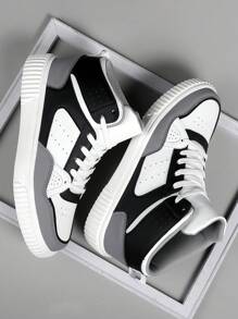 男士平底鞋休閒運動鞋,綁帶柔軟舒適平底滑板鞋,輕便高筒日常鞋 - 黑與白 - 查看 5