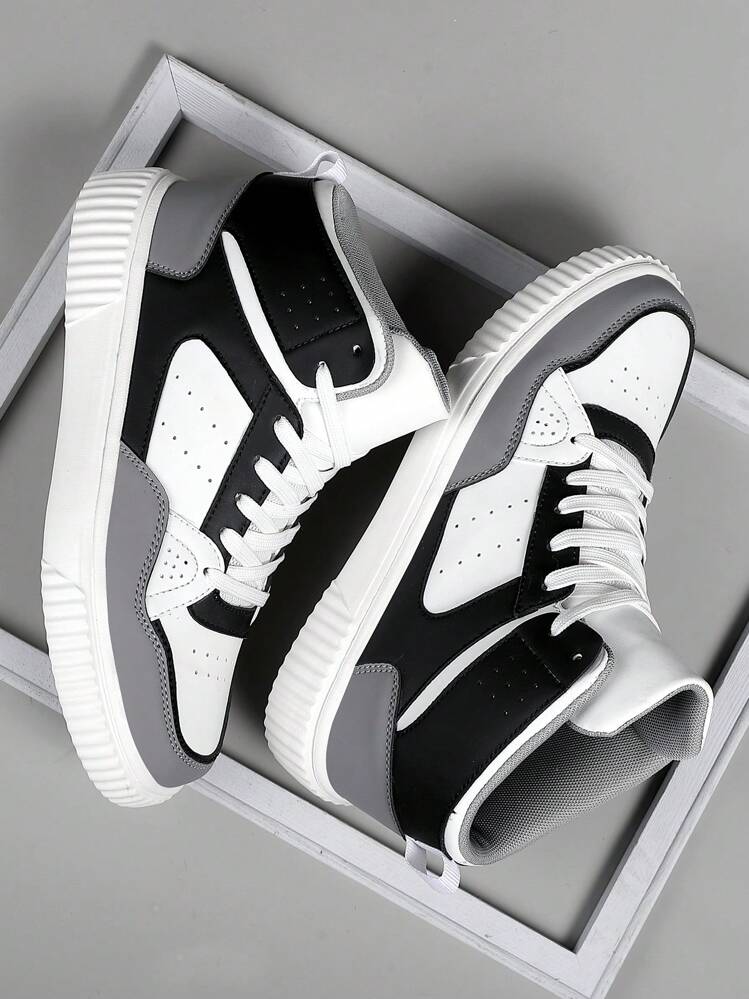 男士平底鞋休閒運動鞋,綁帶柔軟舒適平底滑板鞋,輕便高筒日常鞋 - 黑與白 - 查看 4