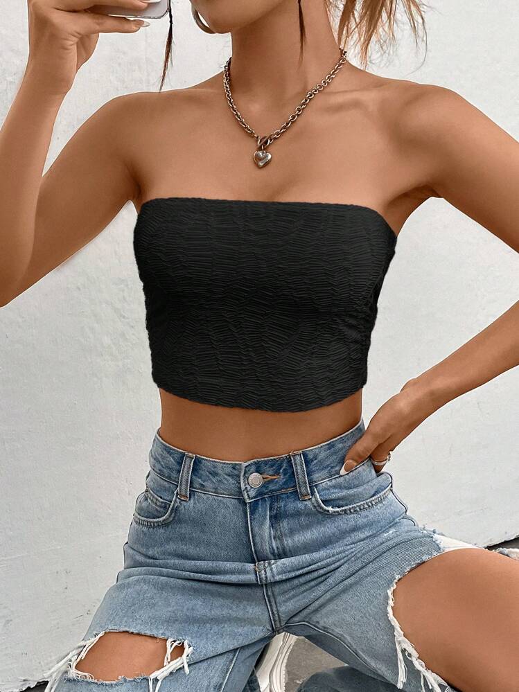 SHEIN EZwear Top De Tubo Recortado De Verano Para Mujer De Color Sólido - Negro - Añade 6