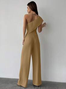 Firerie Ladies Solid Color Asymmetric Collar Top And Pants Two Pieces Set - Khaki - View 2