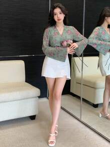 DAZY Women's Floral Printed Kimono Top With Cross Wrap Design - Green - View 2