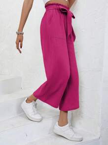 SHEIN Frenchy Mùa xuân/Mùa hè Giải trí Nếp gấp cao eo Quần Với Textured quần ống rộng Thiết kế - Màu Hồng Tươi - Xem 7
