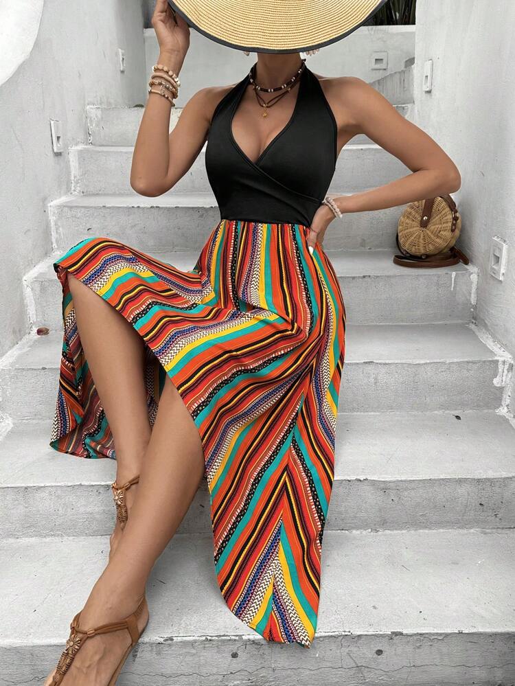 Women's Fashionable Vacation Style Halter Neck Backless Asymmetrical Hem Dress