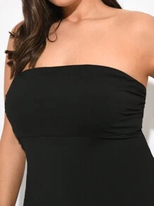Plus Size 2pcs/Set Sport Solid Color Knitted Bandeau Top For Summer - Black - View 5