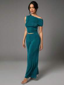 Silquee Summer Green Asymmetric One-Shoulder Gathered Pleated Women's Top And Wide-Leg Loose Trousers Women's Trousers Two-Piece Set