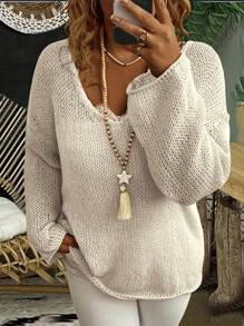 EMERY ROSE 纯色落肩镂空针织毛衣，适合冬季 - 杏色 - 查看 1