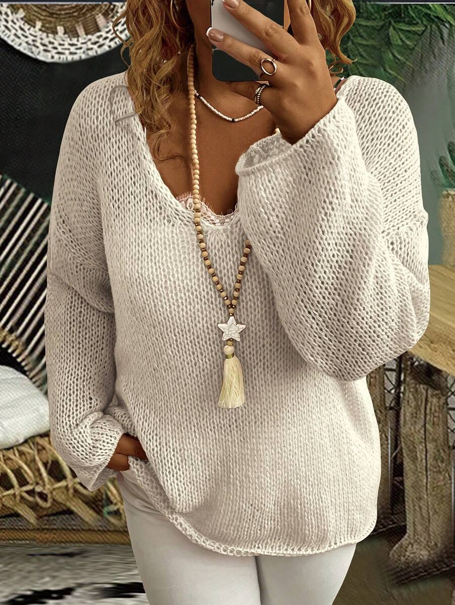 EMERY ROSE 纯色落肩镂空针织毛衣，适合冬季 - 杏色 - 查看 1