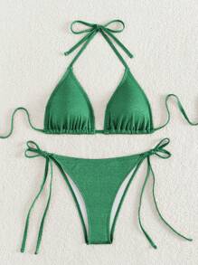 SHEIN Swim 夏季海灘頸後三角軟盤比基尼雙件套裝 - 綠色 - 查看 3