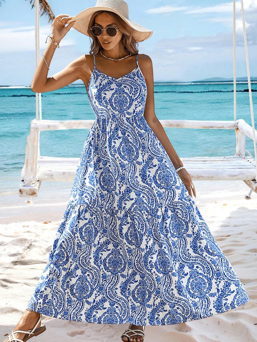 SHEIN VCAY Váy mùa hè lễ hội âm nhạc Váy nghỉ dưỡng màu trắng đế xanh họa tiết hoa jacquard Váy dây mảnh cho nữ - Xanh và trắng - Xem 1